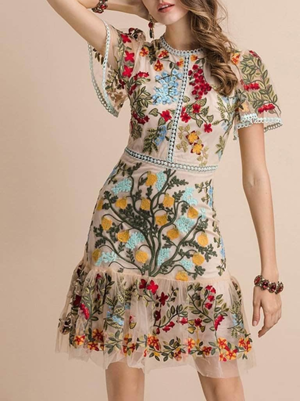 Tahari ASL Embroidery & Crochet A-Line Dress  Size 4
